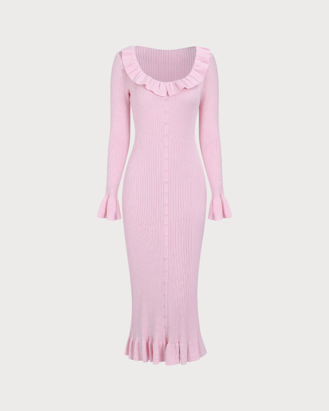Women's Pink U-Neck Ruffle Bodycon Sweater Dress