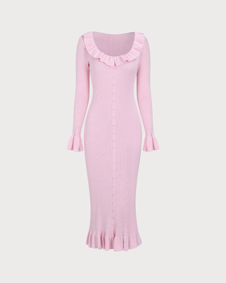 Women's Pink U-Neck Ruffle Bodycon Sweater Dress