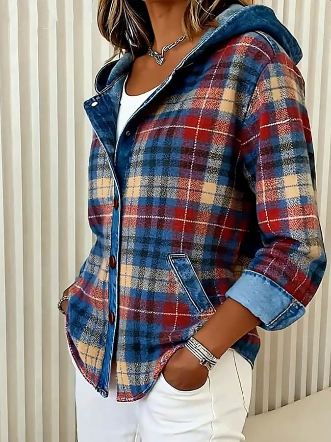 Briella – Contrast Check Hooded Denim Jacket