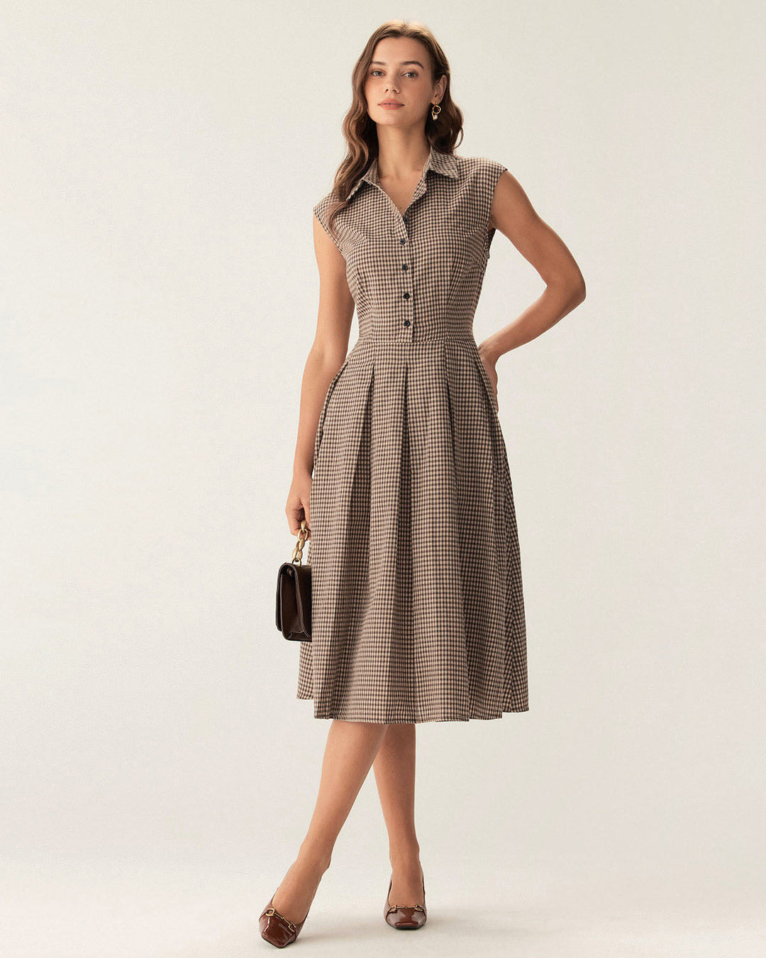 Brown Plaid Button Pleated Midi Dress