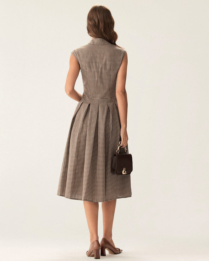 Brown Plaid Button Pleated Midi Dress