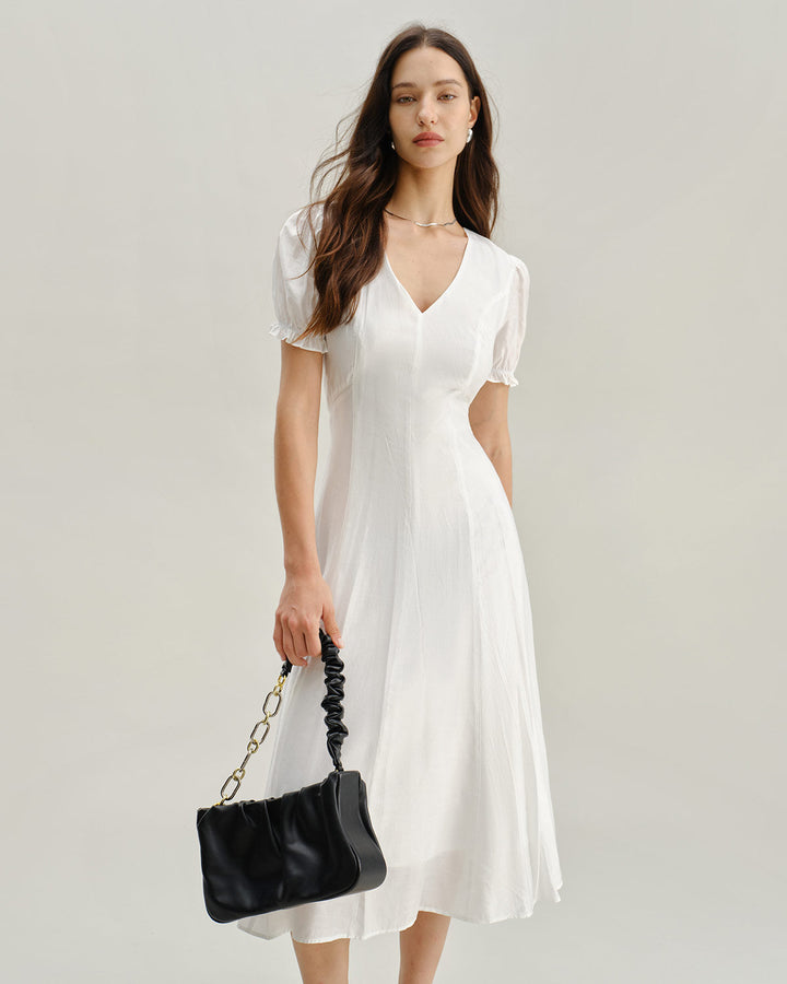 White Puffed Sleeve V Neck Midi Dress