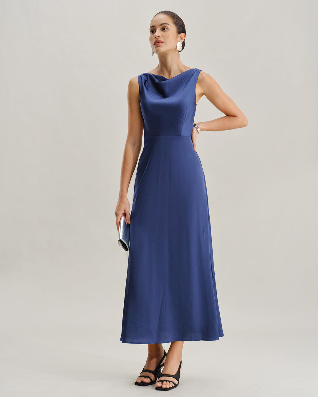 Navy Cowl Neck Satin Sleeveless Maxi Dress
