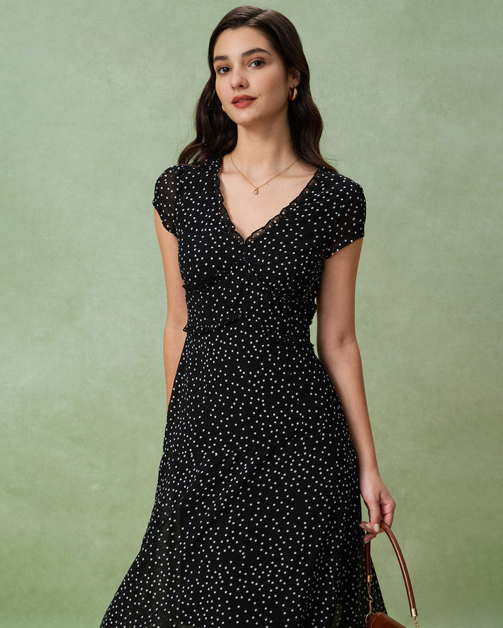 Black V Neck Polka Dot Midi Dress