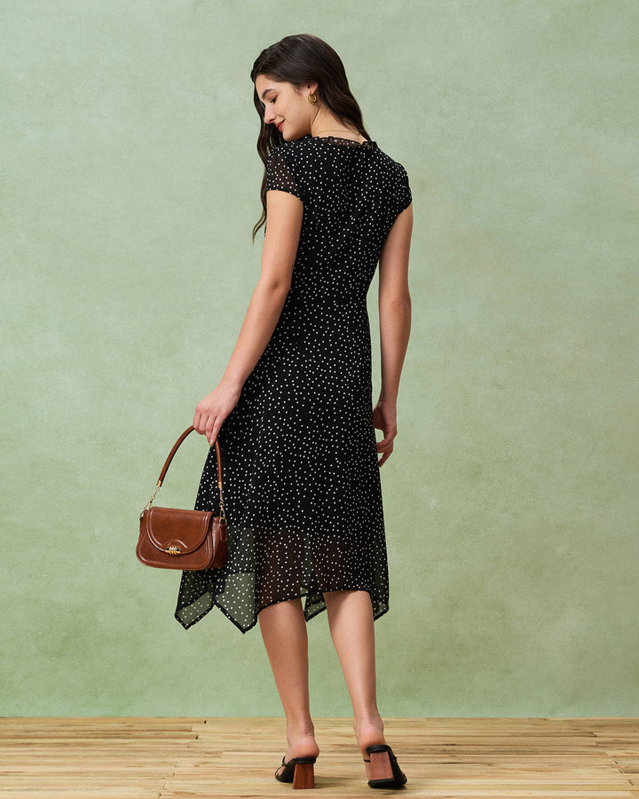 Black V Neck Polka Dot Midi Dress