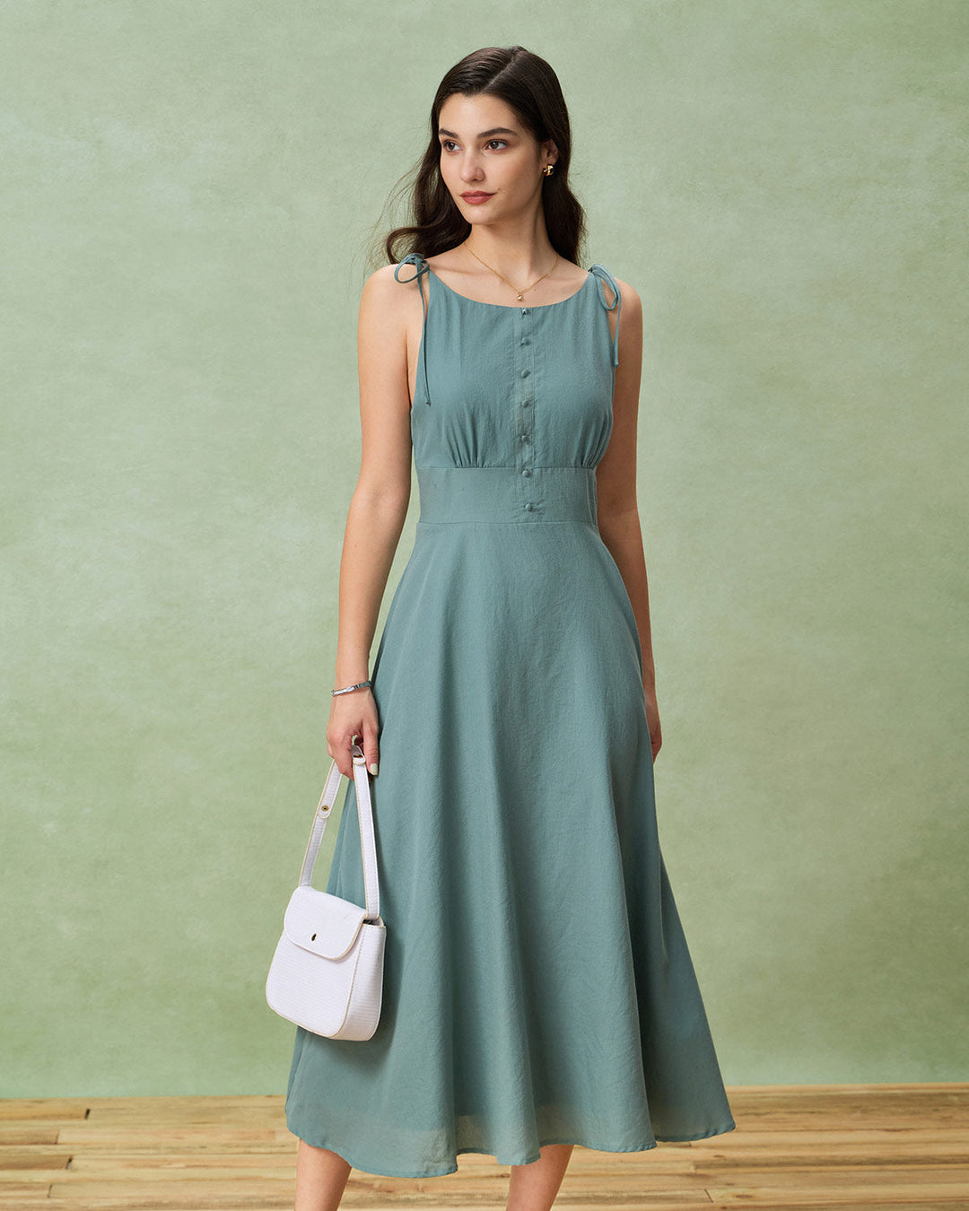 Green Boat Neck Backless Slip Midi Dress
