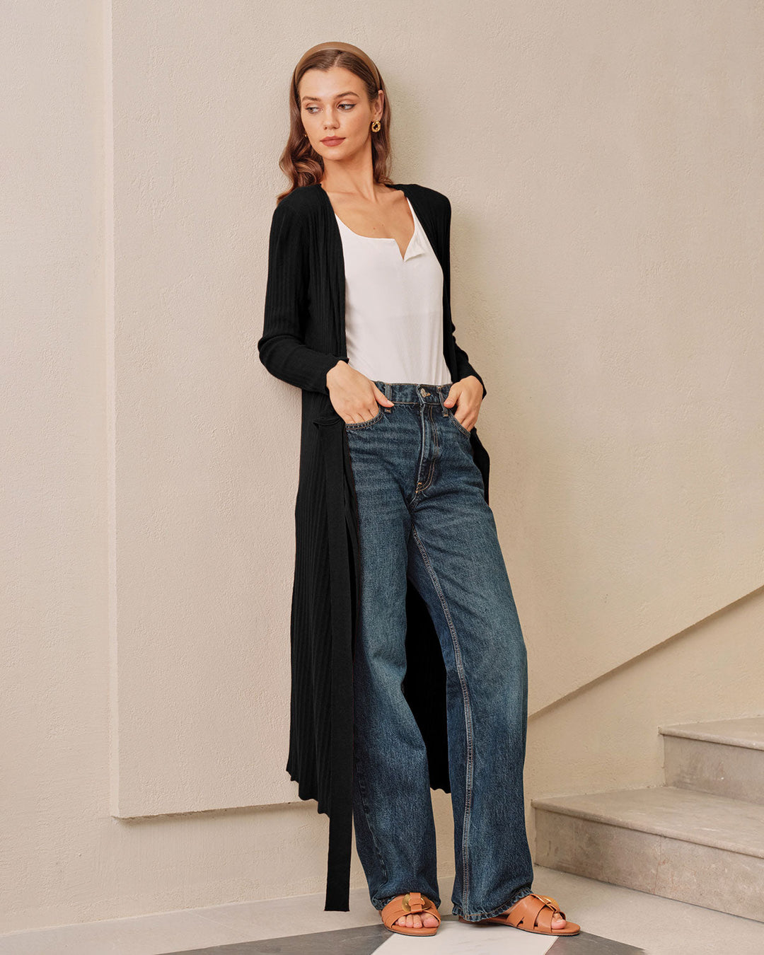 Black V Neck Wrap Knit Midi Dress