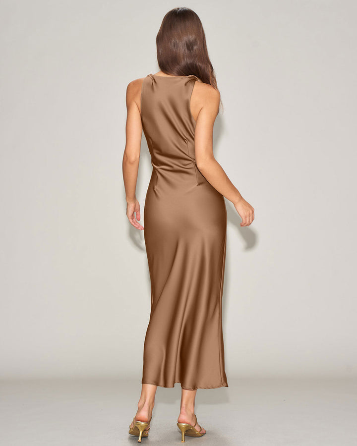 Coffee Satin Boat Neck Slip Midi Dress