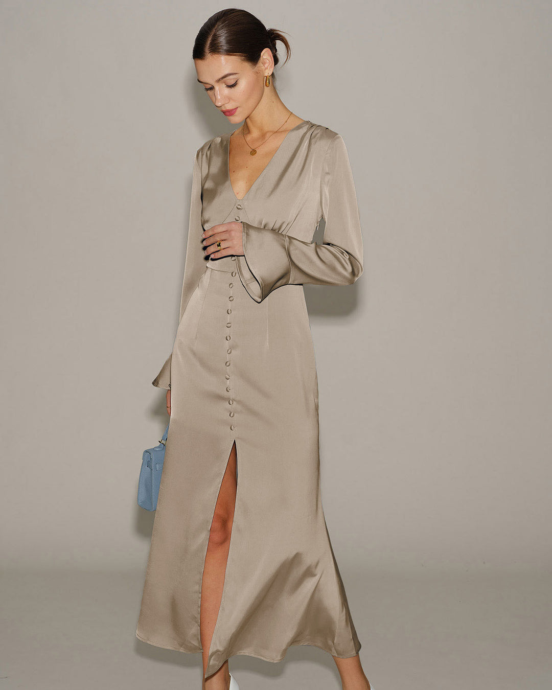 Khaki Satin V Neck Bell Sleeve Maxi Dress