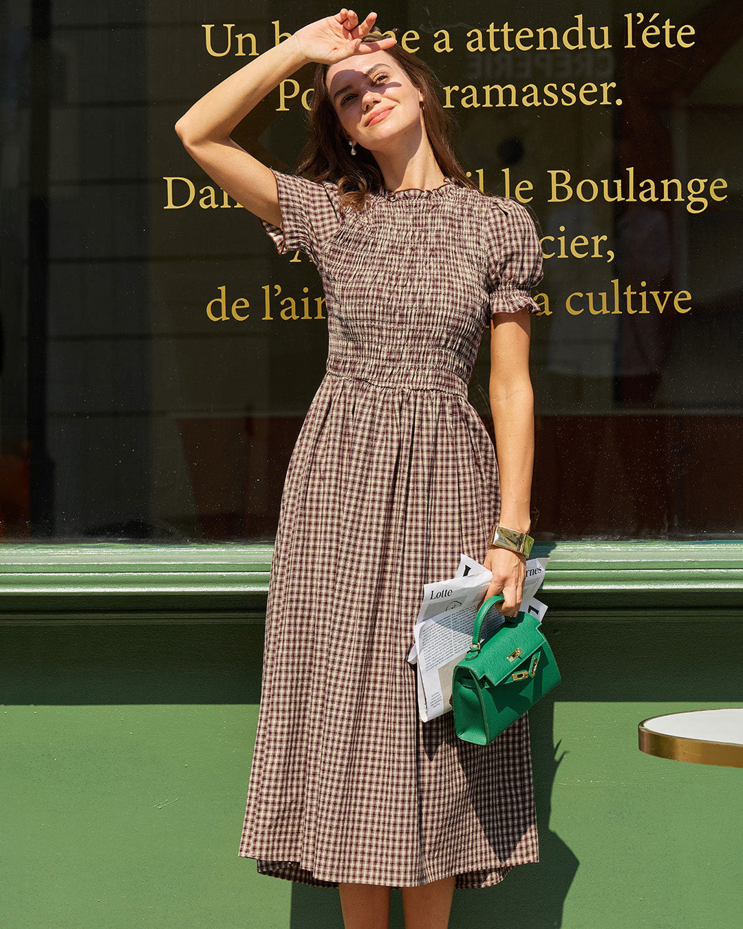 Coffee Plaid Shirred Puffed Sleeve Midi Dress