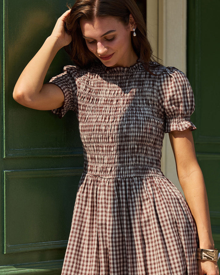Coffee Plaid Shirred Puffed Sleeve Midi Dress