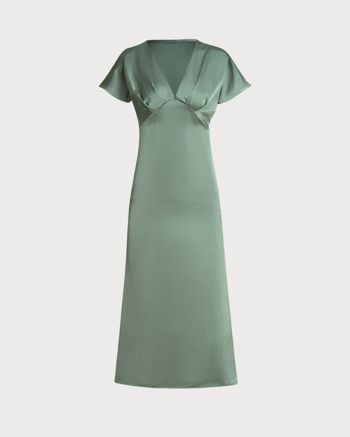 Green Satin V Neck A-Line Midi Dress