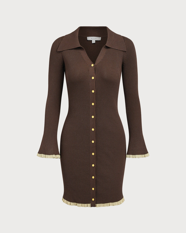 Brown Bodycon Button Sweater Dress