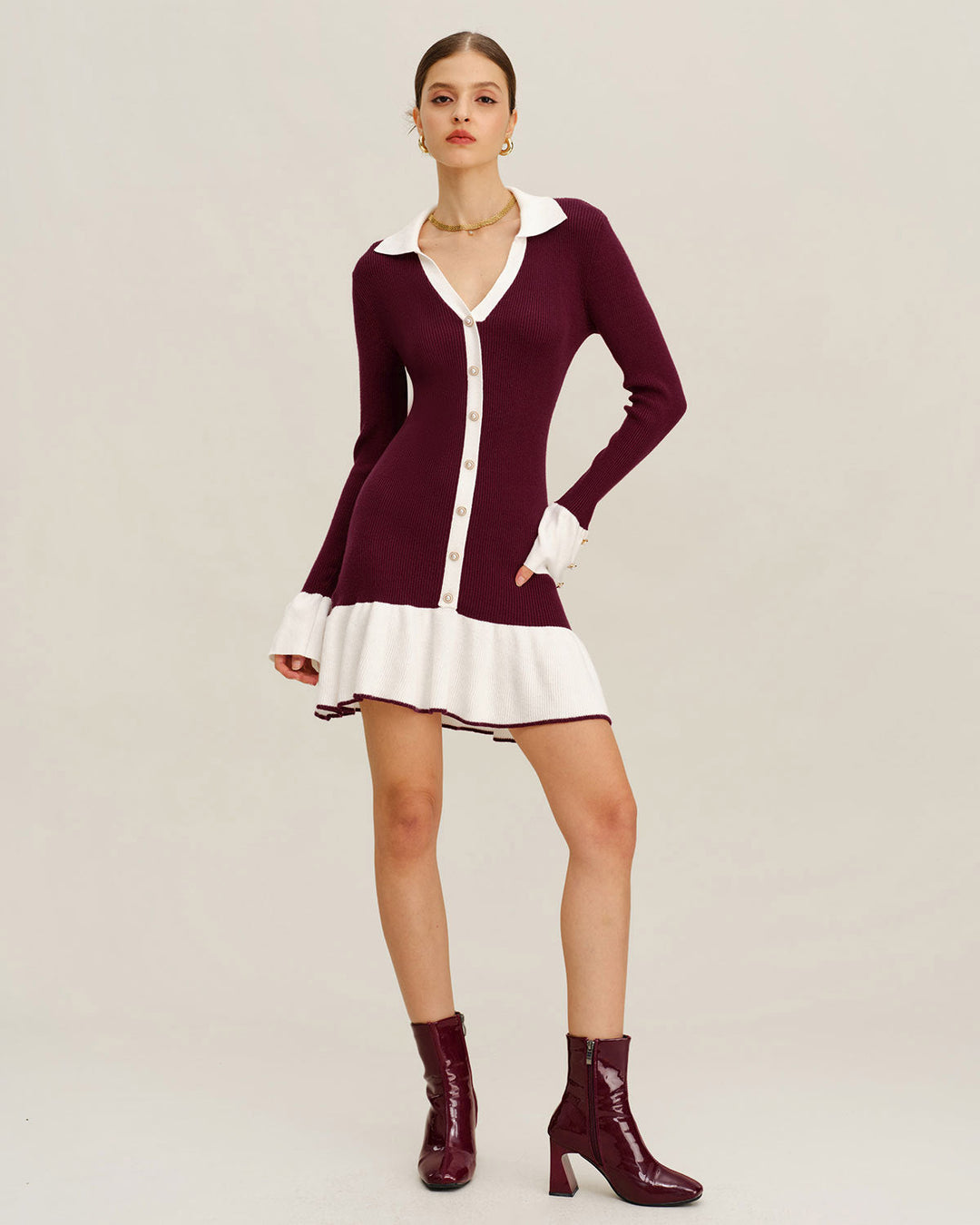 Wine Red Contrasting Sweater Dress