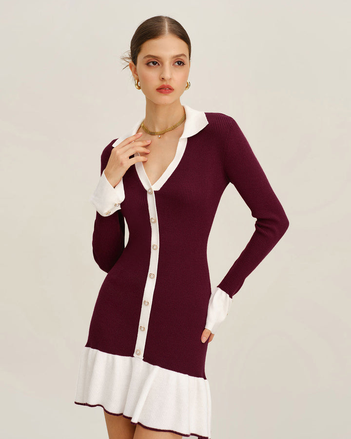 Wine Red Contrasting Sweater Dress