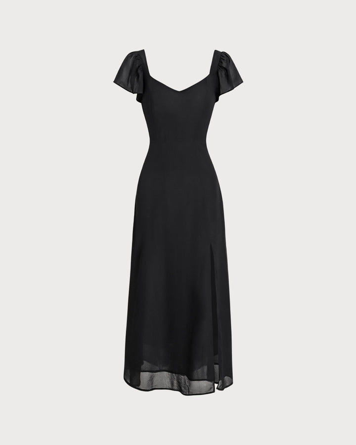 Black Sweetheart Neck Chiffon Maxi Dress
