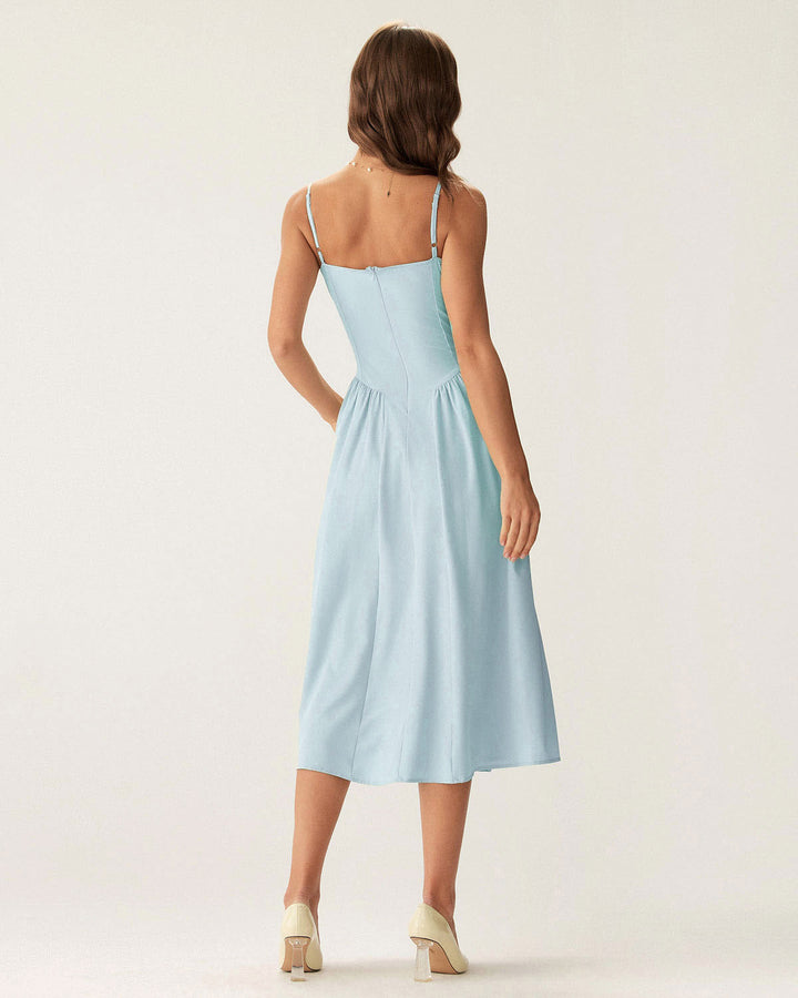 Blue Square Neck Pocket Slip Midi Dress