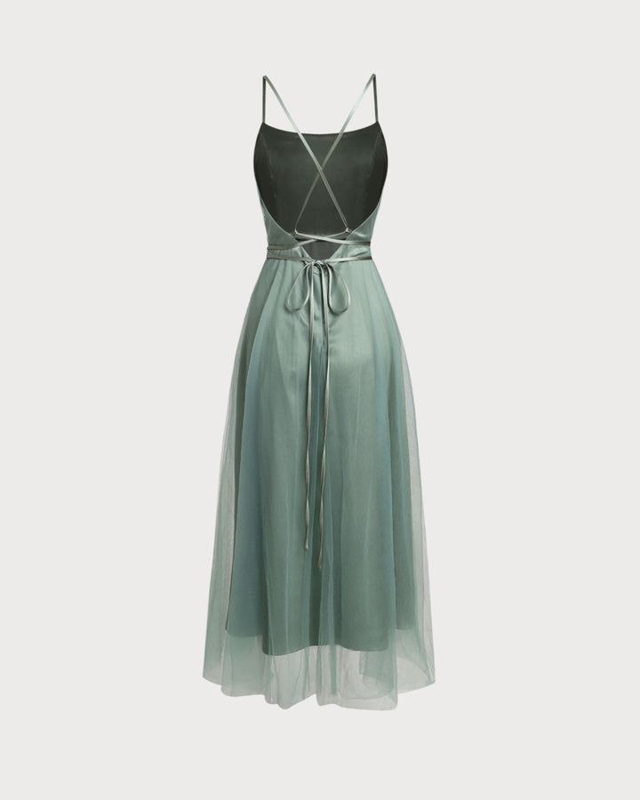 Green Mesh Flowy Slip Midi Dress