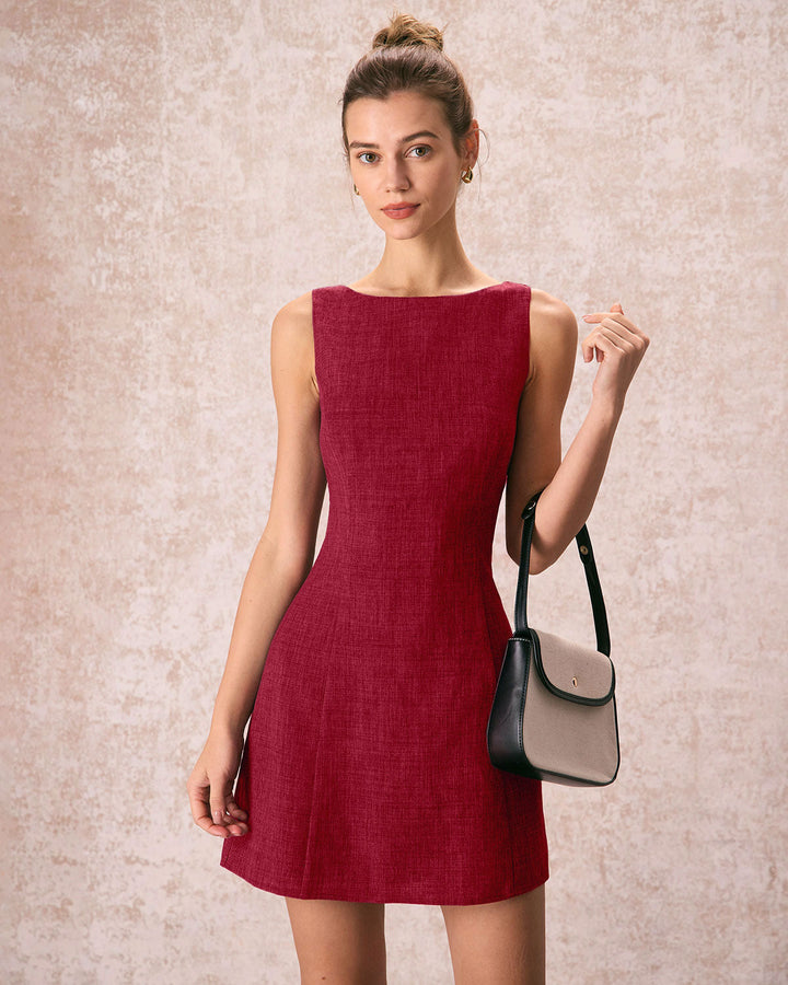 Red Boat Neck A-Line Sleeveless Mini Dress