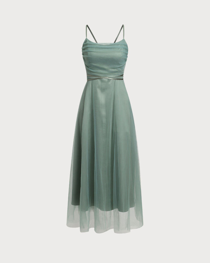 Green Mesh Flowy Slip Midi Dress