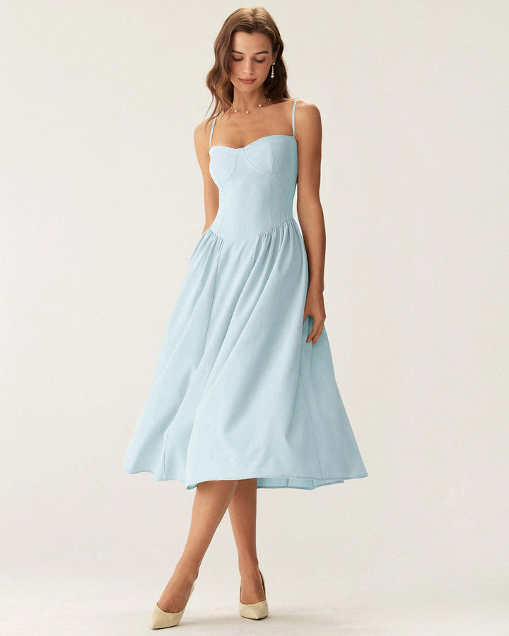 Blue Square Neck Pocket Slip Midi Dress