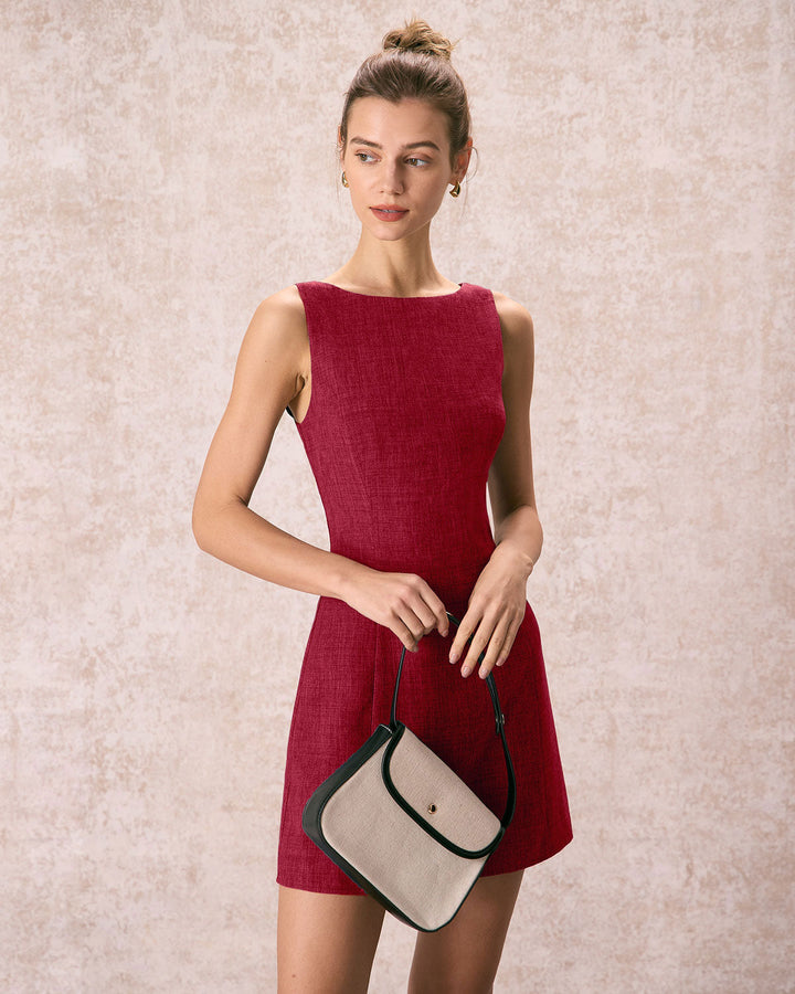 Red Boat Neck A-Line Sleeveless Mini Dress