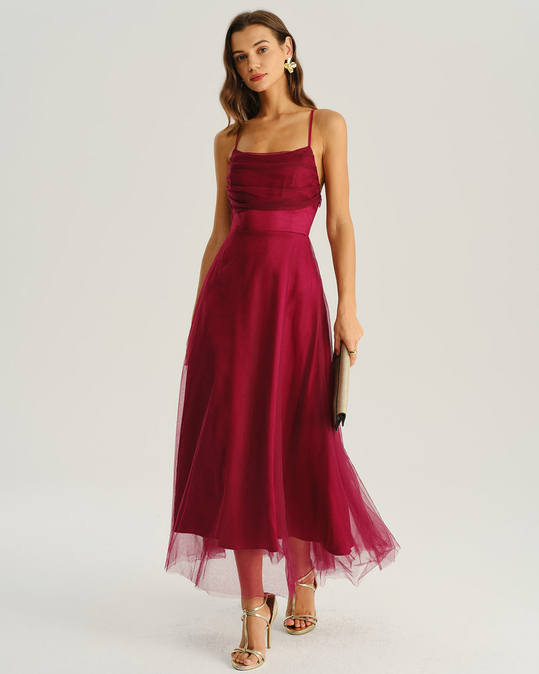 Wine Red Mesh Flowy Slip Midi Dress