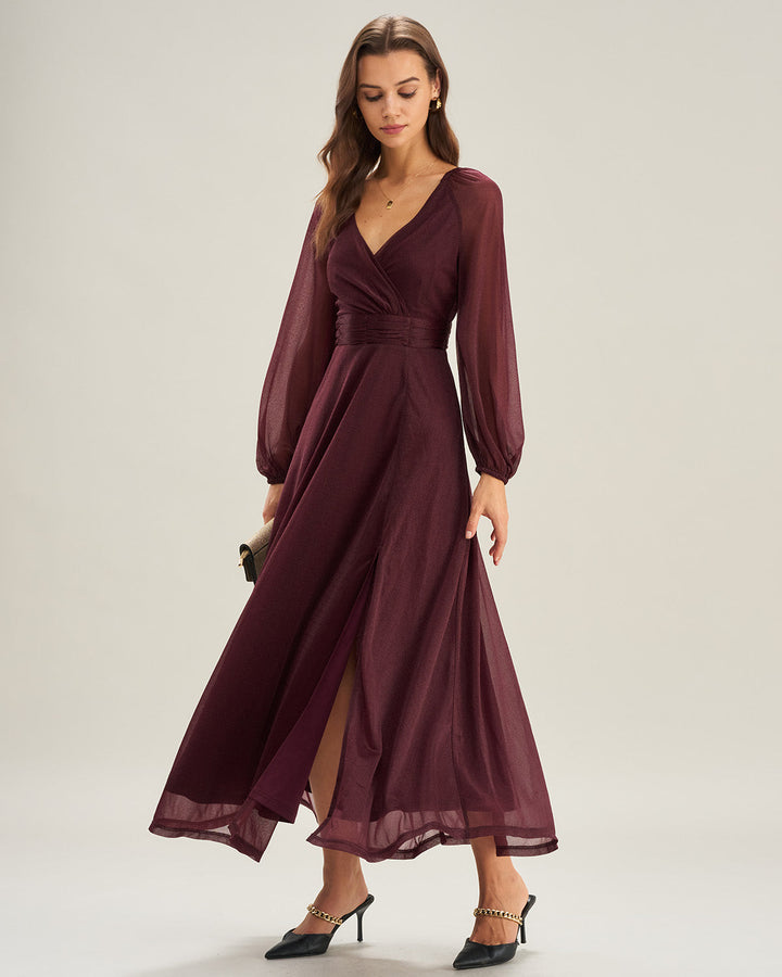 Purple V Neck See Through A-Line Maxi Dresses