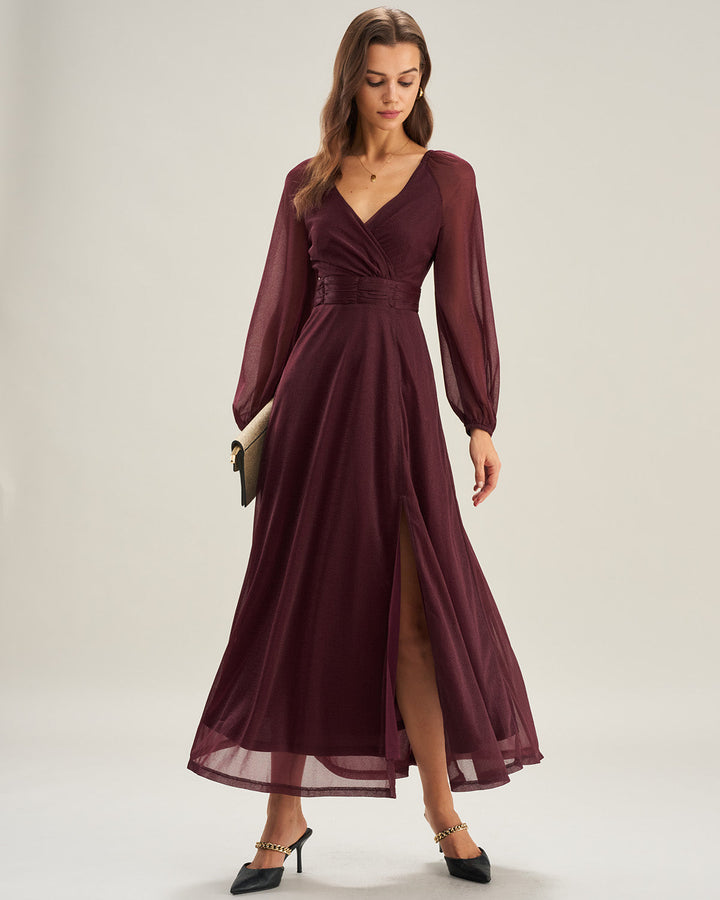 Purple V Neck See Through A-Line Maxi Dresses
