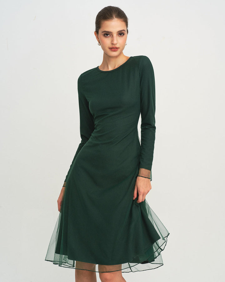 Green Round Neck Knit Mesh Midi Dress