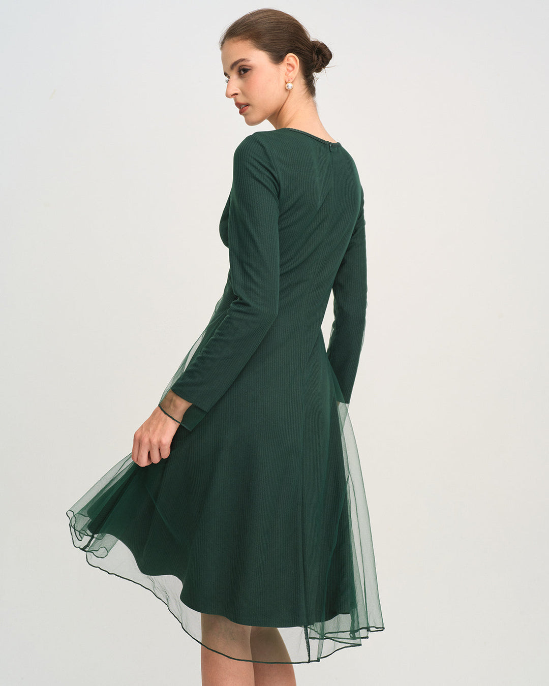 Green Round Neck Knit Mesh Midi Dress
