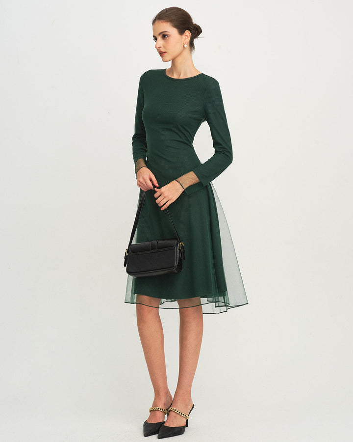 Green Round Neck Knit Mesh Midi Dress