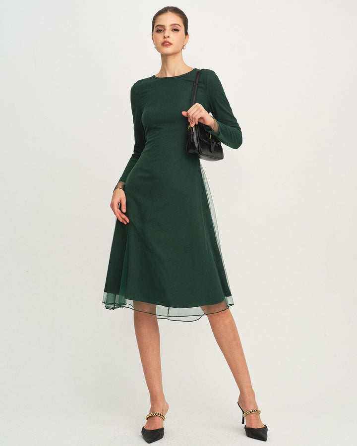 Green Round Neck Knit Mesh Midi Dress