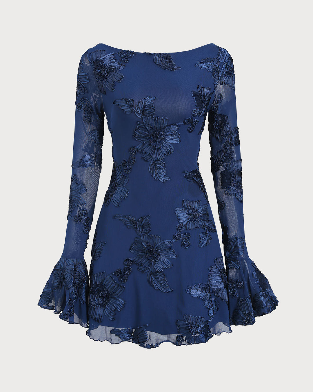 Blue Jacquard Bell Sleeve Backless Mini Dress