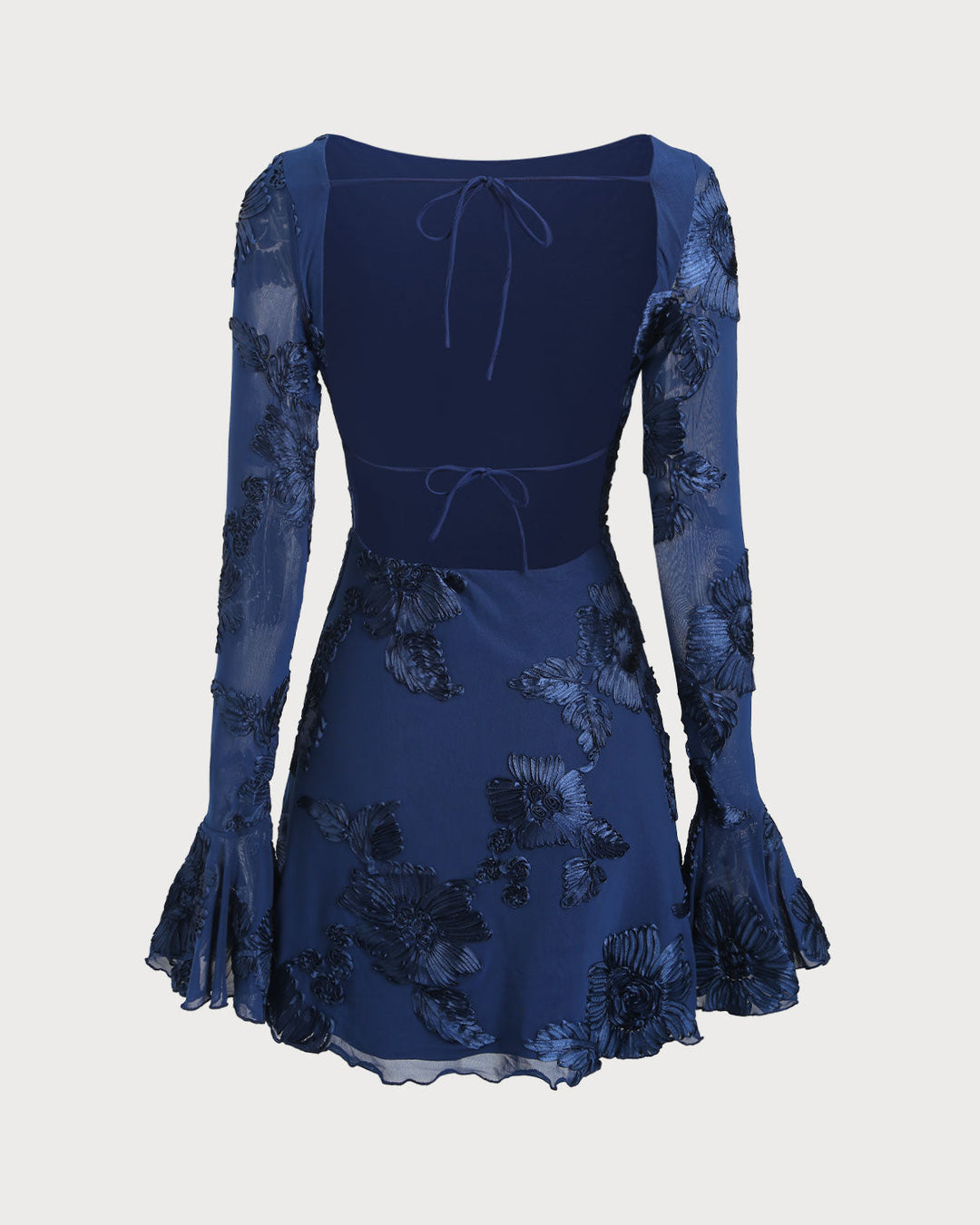 Blue Jacquard Bell Sleeve Backless Mini Dress