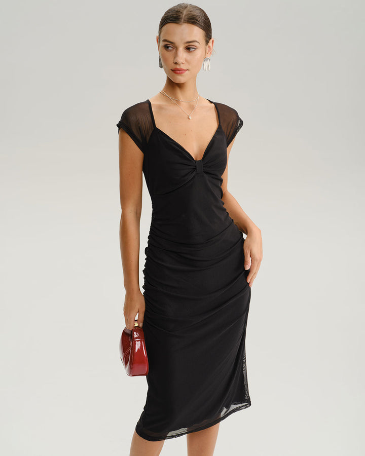 Black V Neck Mesh Midi Dress