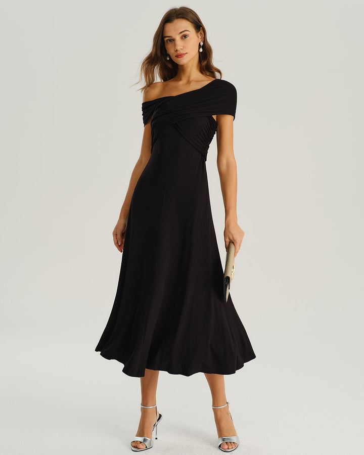 Black One Shoulder A-Line Midi Dress
