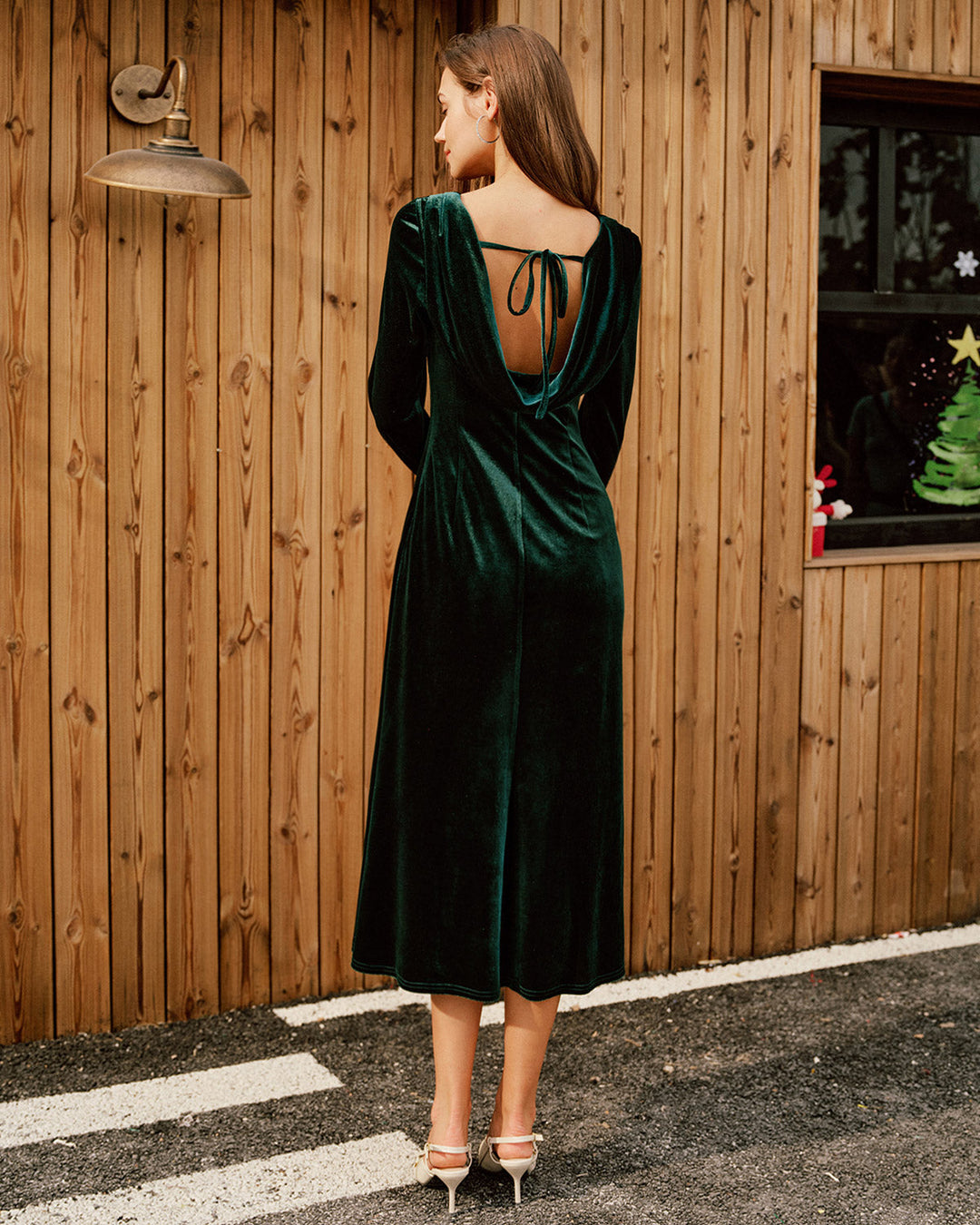 Green Velour Boat Neck Ruched Midi Dress