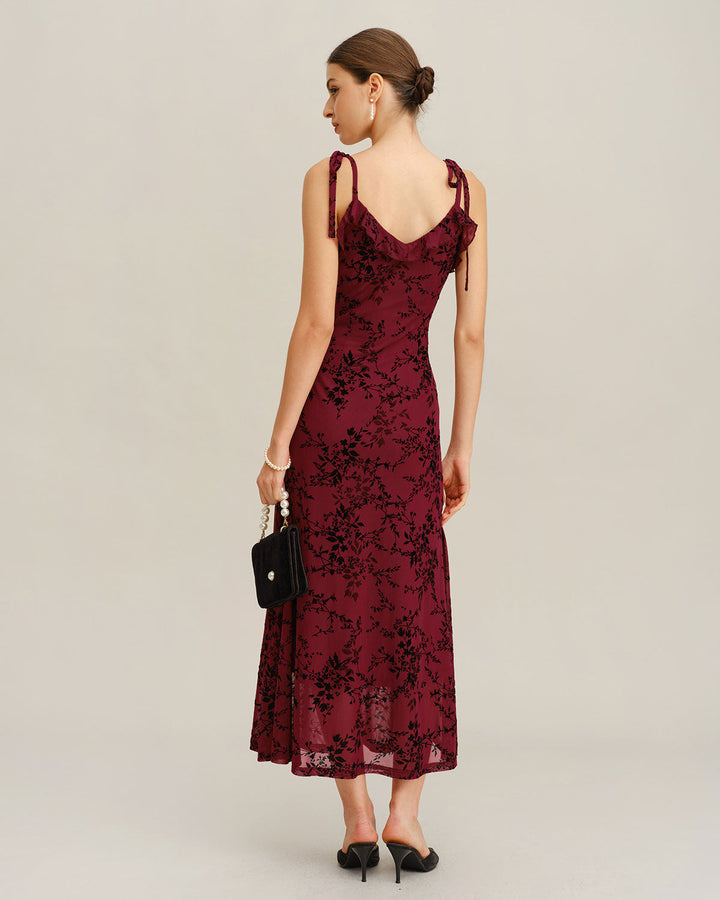 Red Floral Ruffle Slip Midi Dress