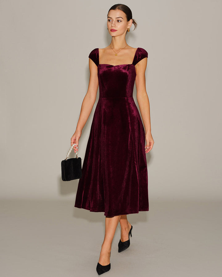 Red Velour Sweetheart Neck Midi Dress