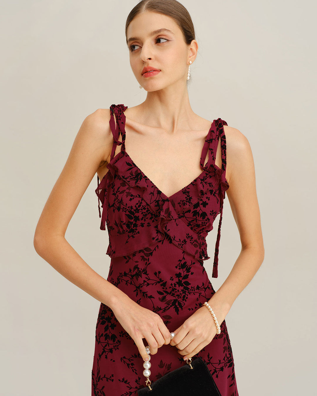 Red Floral Ruffle Slip Midi Dress