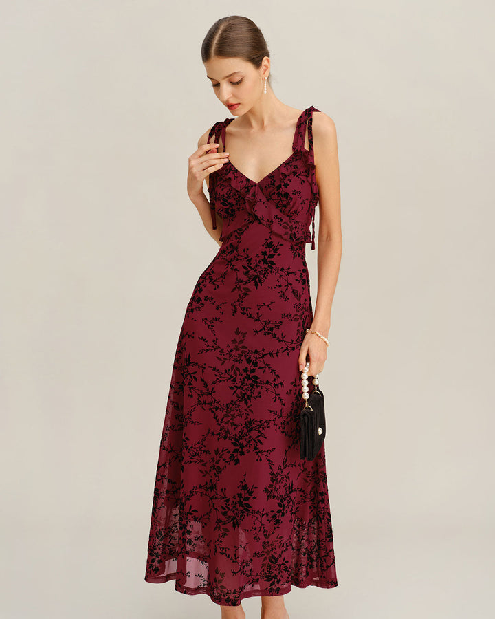 Red Floral Ruffle Slip Midi Dress