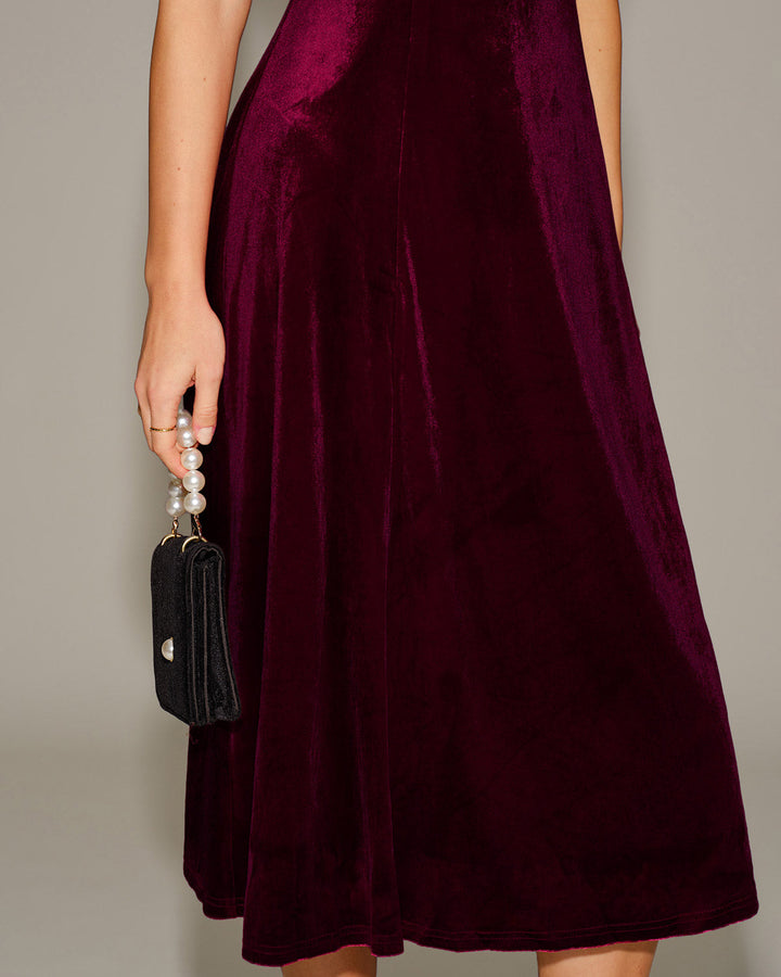 Red Velour Sweetheart Neck Midi Dress