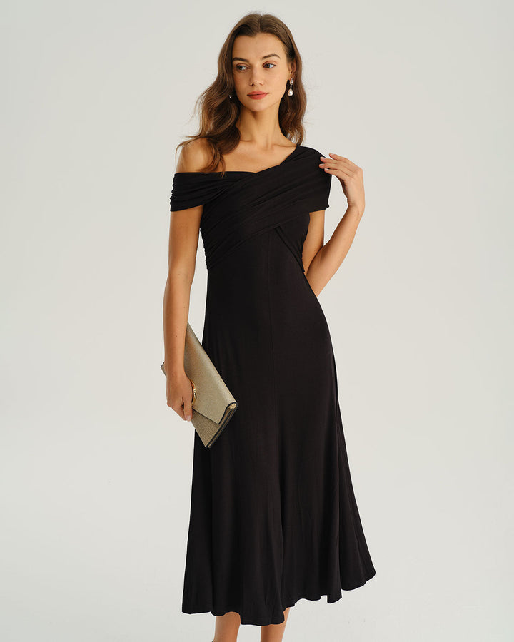 Black One Shoulder A-Line Midi Dress