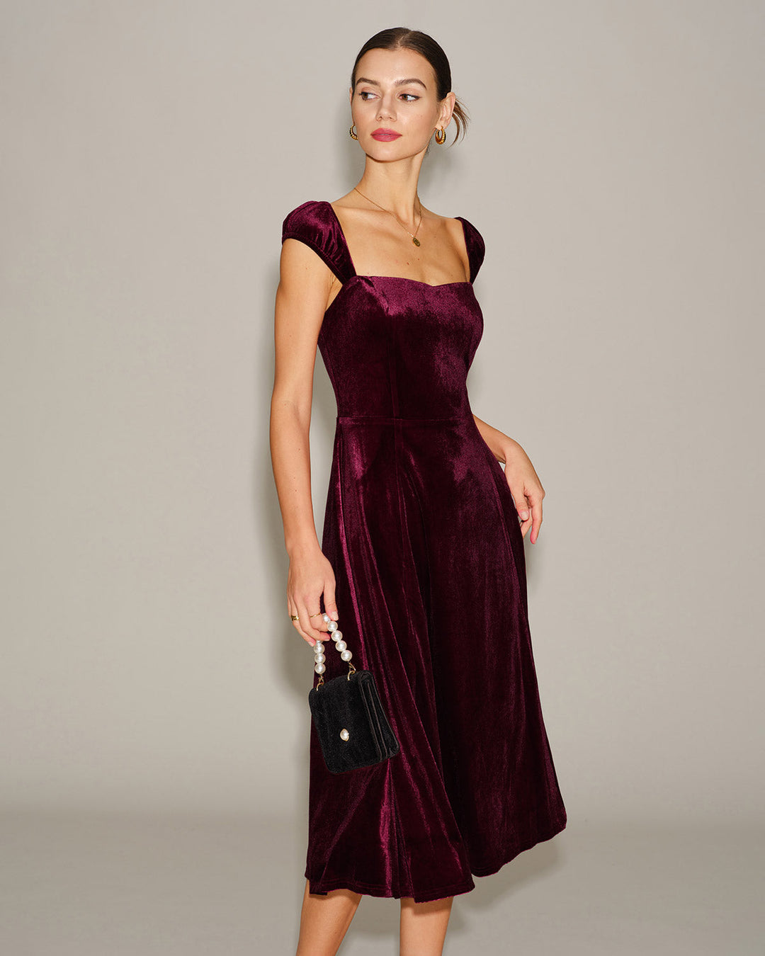 Red Velour Sweetheart Neck Midi Dress