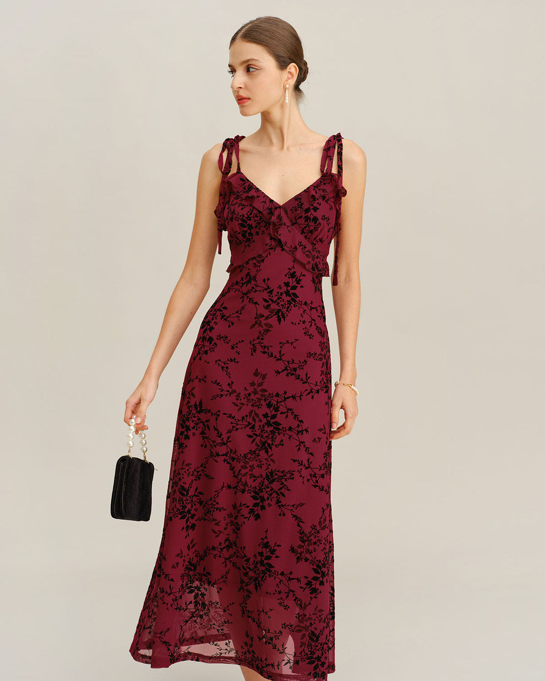 Red Floral Ruffle Slip Midi Dress