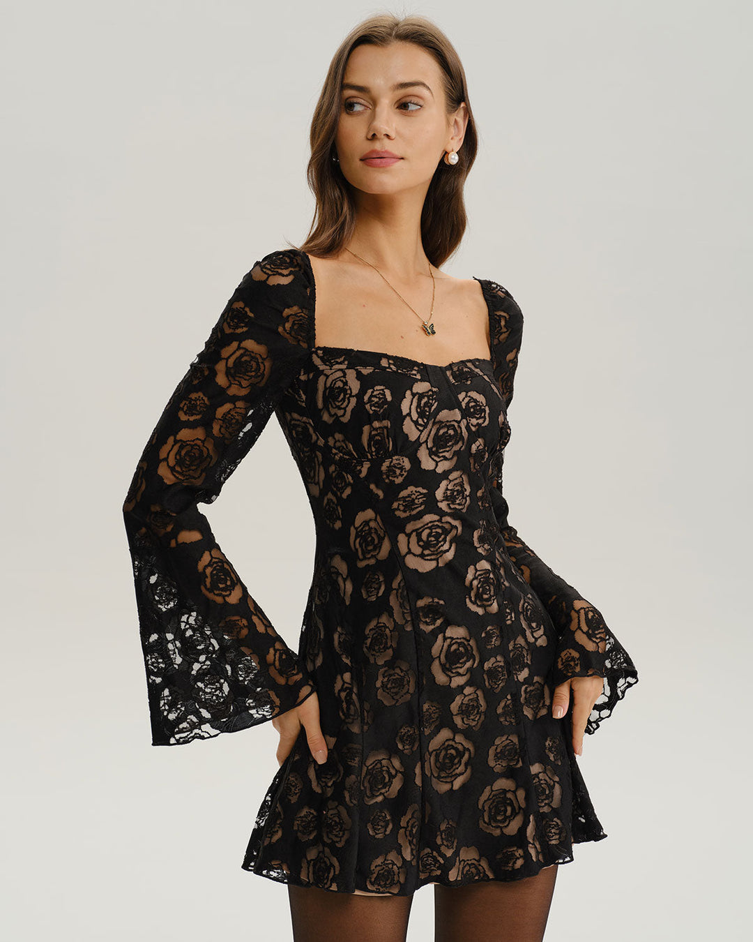 Black See Through Bell Sleeve Mini Dress