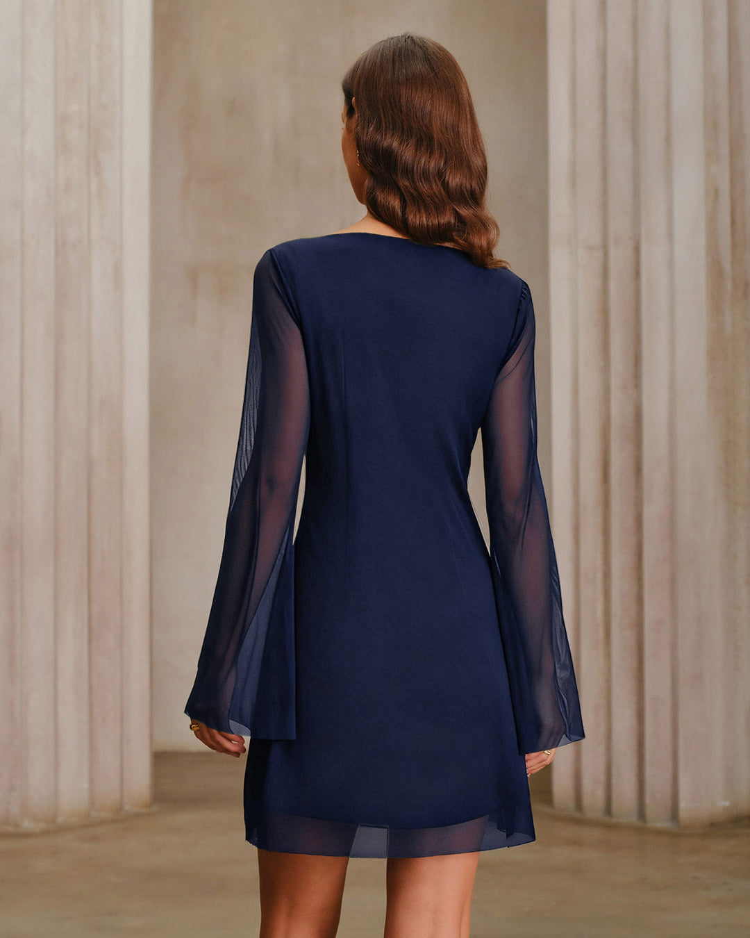 Navy Boat Neck See-Through Mini Dress