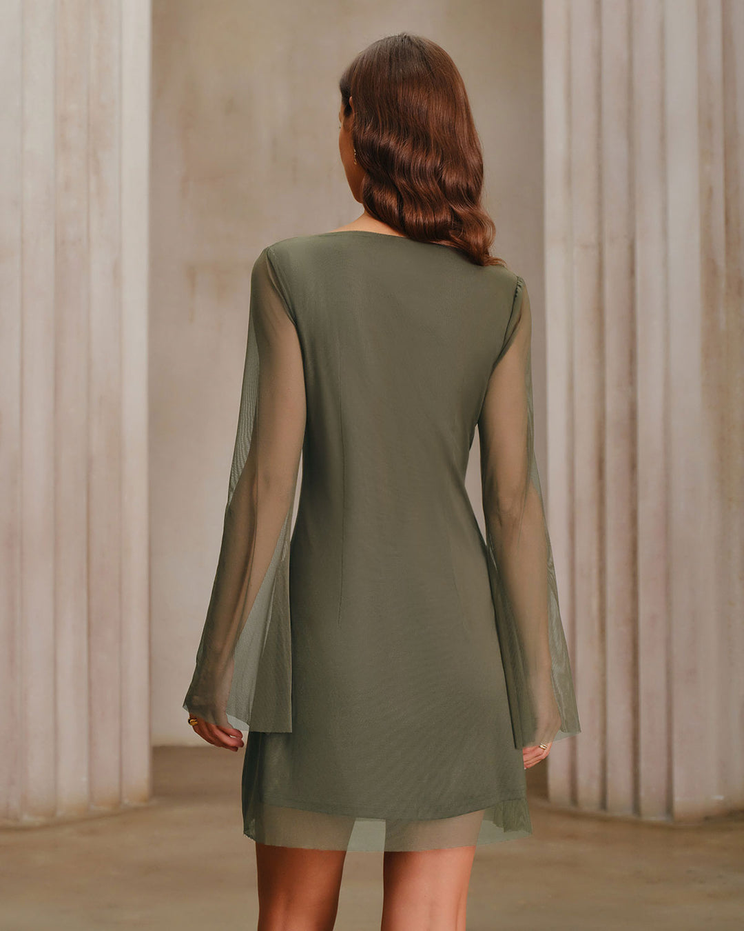 Green Mesh Boat Neck A-Line Mini Dress