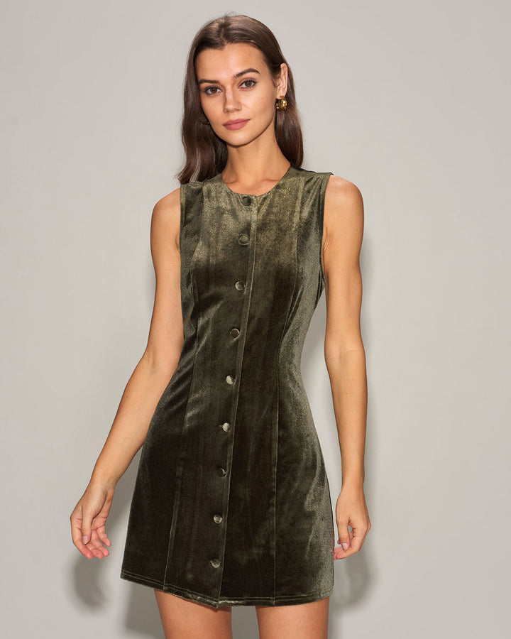 Green Velvet A-Line Sleeveless Mini Dress